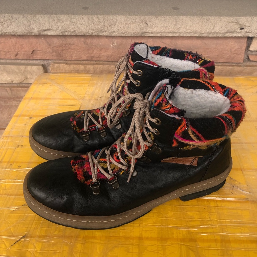 Rieker Women's Black Faux-Leather Ankle Hiker Boots with Colorful Knit Collar